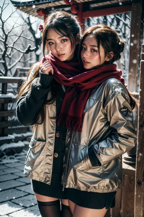 (realistic:1.3), finely detailed, quality, rembrandt lighting, (masterpiece:1.2), (photorealistic:1.2), (best quality), (detailed skin:1.3), (intricate details), dramatic, ray tracing, 2girls, japanese girl, 21 years old, detailed skin texture, (blush:0.5), (goosebumps:0.5), subsurface scattering, smiling, medium breasts, updo hair, bangs, hair between eyes, (shared_scarf:1.2), white scarf, winter jacket, pantyhose, cowboy shot, (bright sunny day, outdoors, winter scene, snow, japanese shrine), <lora:scarf1:1>