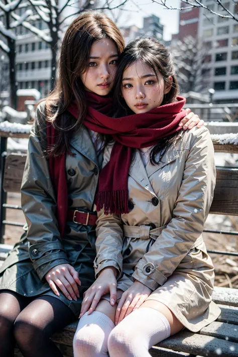 (realistic:1.3), finely detailed, quality, rembrandt lighting, (masterpiece:1.2), (photorealistic:1.2), (best quality), (detailed skin:1.3), (intricate details), dramatic, ray tracing, 2girls, japanese girl, 21 years old, detailed skin texture, (blush:0.5), (goosebumps:0.5), subsurface scattering, smiling, medium breasts, short hair curls, bangs, hair between eyes, (shared_scarf:1.2), red scarf, trench coat, pantyhose, cowboy shot, sitting, bench, (bright sunny day, outdoors, winter scene, snow), <lora:scarf1:1>