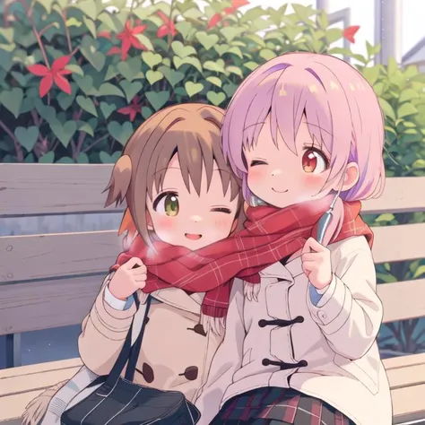 masterpiece,ultra detail,best quality,,shared_scarf,school garden,bench<lora:onimai-cs1-dim8-4-loha:0.8>,mahiro,momiji,asahi,miyo <lora:scarf1:0.8>,happy,winter,winter outfit
