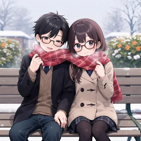 masterpiece,ultra detail,best quality,,shared_scarf,school garden,bench,boy and girl,glasses<lora:scarf1:0.8>,happy,winter,winter outfit