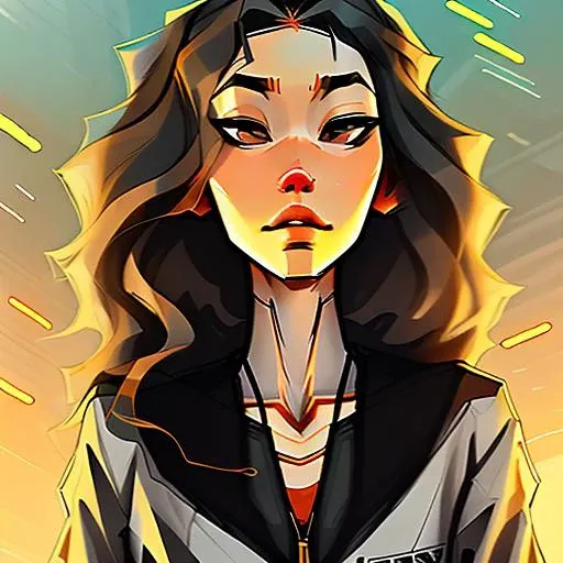 telephoto lens full body portrait of a robust, slight, Sleepy mail carrier woman, Magnificent, despair, with long wavy brown hair wearing hev suit , digital art, trending on artstation, highly detailed, fine detail, intricate, outrun, vaporware