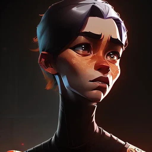 arcane style; brutalism full body portrait of a hale, small-boned, Sleepy Libertarian woman, Intricate, closed mouth, with short brown hair wearing turtleneck shirt , digital art, trending on artstation, highly detailed, fine detail, intricate, outrun, vaporware