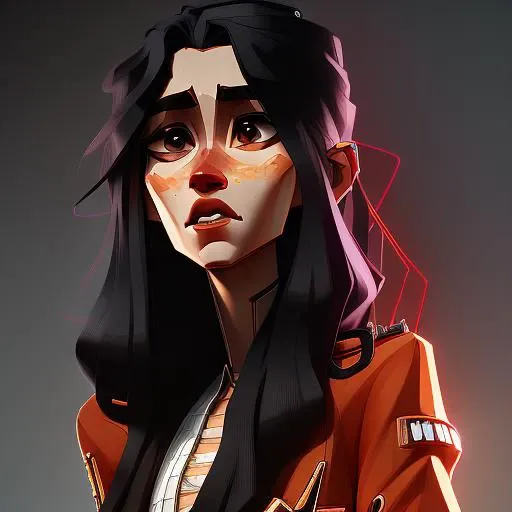 arcane style; doge full body portrait of a developed, wiry, Bad yeoman woman, Step-by-step, flustered, with long curly black hair wearing cropped jacket , digital art, trending on artstation, highly detailed, fine detail, intricate, outrun, vaporware