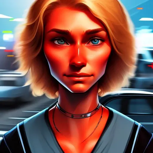 magic realism of a rugged, sleek, Optimistic commuter woman, Fine, sad, with short blond hair wearing tunic , digital art, highly detailed, fine detail, intricate, outrun, vaporware