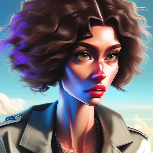 vaporwave of a taut, lanky, Bored quartermaster woman, Refined, rape face, with long curly brown hair wearing pocketbook , digital art, highly detailed, fine detail, intricate, outrun, vaporware