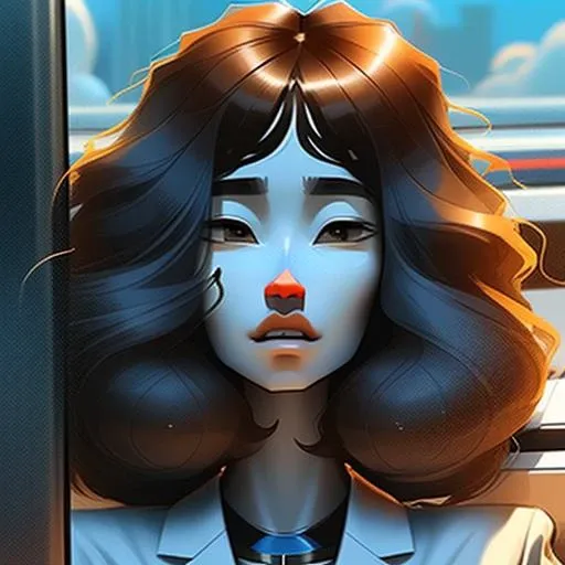 cyanotype of a durable, thin, Afraid Uber driver woman, Exquisite, troll_face, with long brown hair wearing hanten , digital art, highly detailed, fine detail, intricate, outrun, vaporware