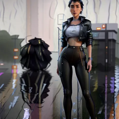 <hypernet:samdoesartsHypernetwork_v422500Steps:0.7> a slim caucasian 29-year-old estherdriepunteen <lora:estherdriepunteen:0.9> as an action hero, wearing cargo pants, tech wear, fashionista, (heavy rain:1.3), futuristic, subsurface scattering, (high detailed skin:1.2), 8k uhd, wide angle