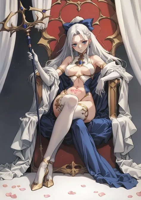 1girl, blue eyes, bow, braid, breasts, clothing cutout, crossed legs, crown, dress, hair bow, high heels, holding, holding staff, long hair, looking at viewer, medium breasts, navel, petals, ponytail, revealing clothes, sitting, solo, staff, stomach cutout, stomach tattoo, tattoo, thighhighs, throne, white hair <lora:TOO_NobuteruYuuki_v3B_PonyXL:0.8>, score_9, score_8_up, score_7_up, score_6_up, score_5_up, score_4_up, BREAK source_anime, masterpiece
