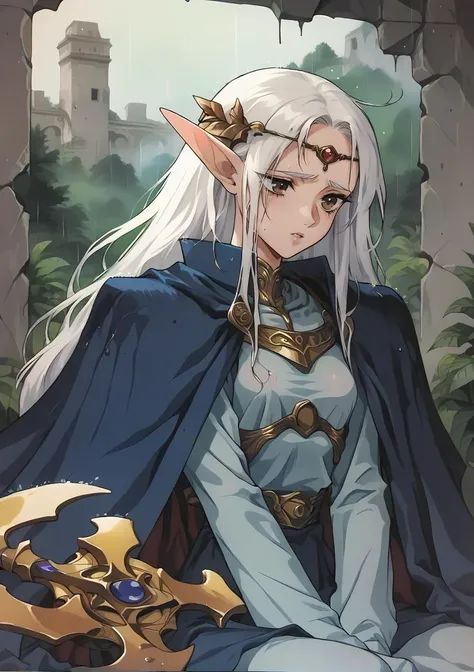 1girl, blue cape, blue dress, breasts, brown eyes, cape, dress, forest, forked eyebrows, frills, long hair, long sleeves, nature, parted lips, sidelocks, small breasts, solo, weapon, white hair, sad, rain, ruins <lora:TOO_NobuteruYuuki_v3B_PonyXL:0.8>, score_9, score_8_up, score_7_up, score_6_up, score_5_up, score_4_up, BREAK source_anime, masterpiece