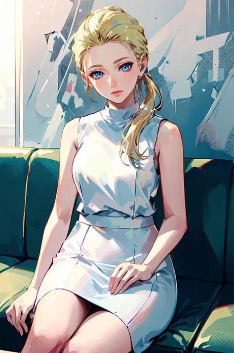 ultra detailed, masterpiece, best quality,
<lora:DChloe:0.7> DChloe, blue eyes, blonde hair, ponytail, long hair, dress, white dress, sleeveless, sleeveless dress, pencil skirt, tube dress, hands on lap,