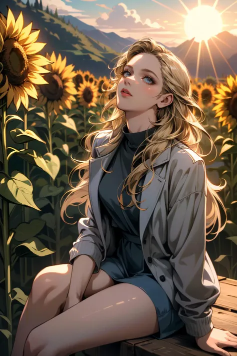 ((ultra detailed, masterpiece, absurdres))
 <lora:DBHChloe:0.8>
DBHChloe, 1girl, long hair, blonde hair, sitting in a sunflower field, looking up, sunlight