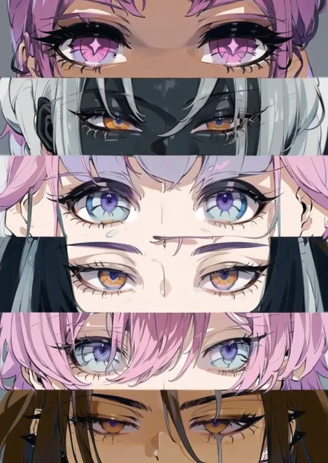 eyes, close-up,  straight on, purple eyes, gold eyes, yellow eyes, blue eyes, red eyes, magic, purple hair, white hair, body out of frame, hires, highres,  <lora:inuyama_muneto-style-v1:1>