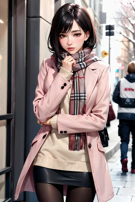 realistic, 1girl, beautiful, slender, medium black hair, sweater, pantyhose, pink long coat, scarf, winter,