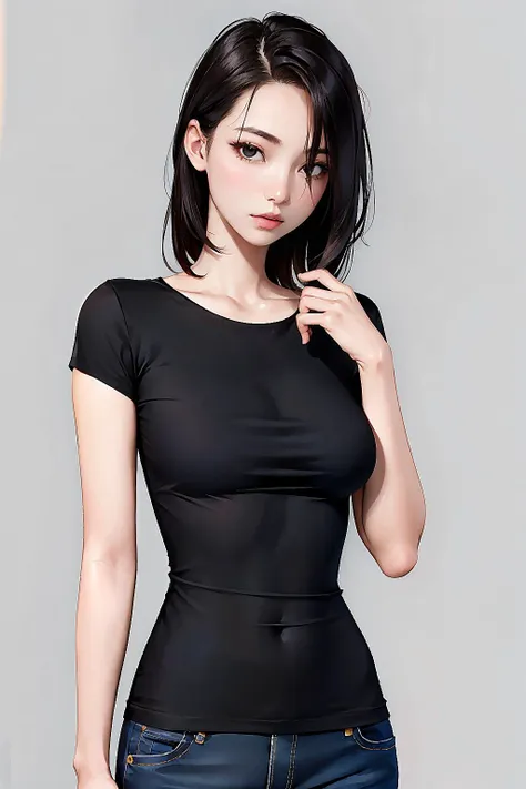 1girl, slender, simple background, look at viewer, shirt, realistic, raw,