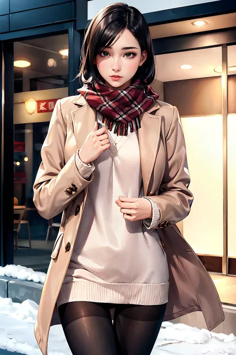 realistic, 1girl, beautiful, slender, medium black hair, sweater, pantyhose, pink long coat, scarf, winter,