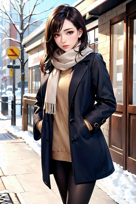 realistic, 1girl, beautiful, slender, medium hair, sweater, pantyhose, long coat, scarf, winter,