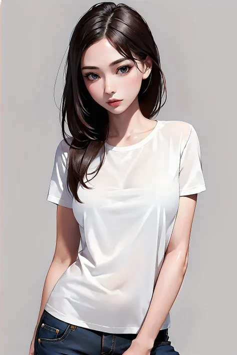 1girl, slender, simple background, look at viewer, shirt, photo-realistic,