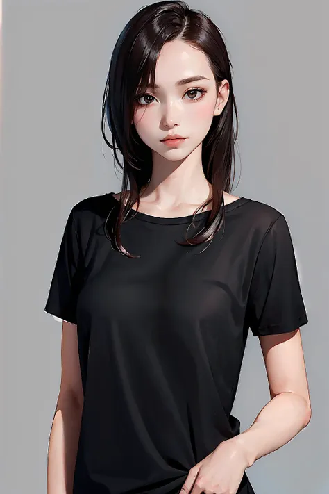 1girl, slender, simple background, look at viewer, shirt, realistic,