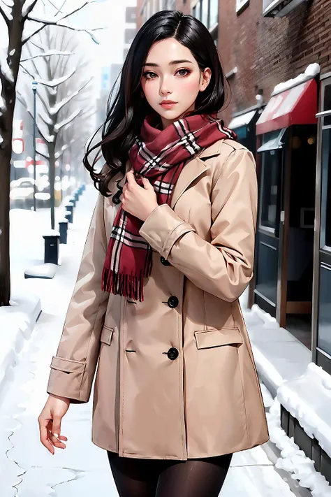 realistic, 1girl, beautiful, slender, medium black hair, sweater, pantyhose, pink long coat, scarf, winter,