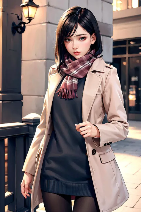 realistic, 1girl, beautiful, slender, medium black hair, sweater, pantyhose, pink long coat, stripe scarf, winter,