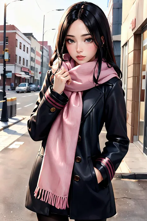 realistic, 1girl, beautiful, slender, medium black hair, sweater, pantyhose, pink long coat, stripe scarf, winter,