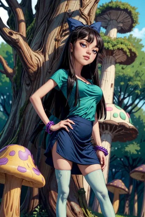 (ultra realistic,32k, masterpiece:1.2),(high detailed skin:1.1),( high quality:1.1),
<lora:stacy_hirano_v1:0.8>stacy hirano,serious black hair,long hair, blue bow, green shirt, white legwear, purple bracelet, A place taken over by mushrooms and tree roots blurry background,, huge breast,large breast,(looking at viewer, standing, from below:1.1),, <lora:add_detail:0.98>,
(radiant:1.1),