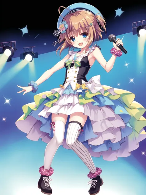 masterpiece, best quality, 1girl, solo, shikimiya mana\(re:stage\), ahoge, short hair, orange hair, blue eyes, microphone, hairclip\(shikimiya mana\), dress\(smsA\), striped thighhighs\(smsA\), hat\(smsA\), wrist scrunchie\(smsA\), wrist cuffs\(smsA\), hair ornament\(smsA\), shoes\(smsA\), full body, idol, stage, <lora:shikimiya mana3:0.8>