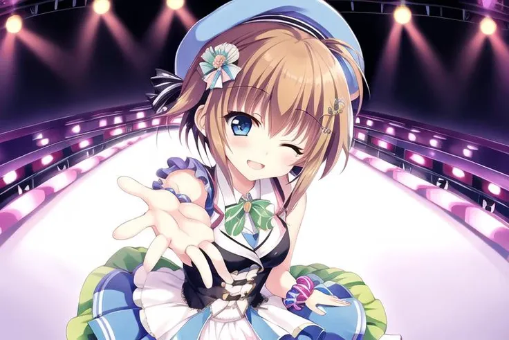masterpiece, best quality, 1girl, solo, shikimiya mana\(re:stage\), (one hand peace, one hand over eye:1.2), ahoge, short hair, orange hair, blue eyes, headset, hairclip\(shikimiya mana\), dress\(smsA\), hat\(smsA\), wrist scrunchie\(smsA\), wrist cuffs\(smsA\), hair ornament\(smsA\), one eye closed, idol, stage, <lora:shikimiya mana3:1:MIDD>