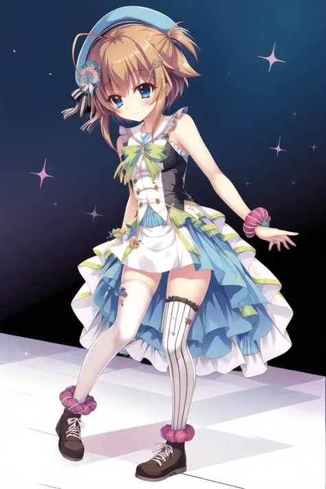 masterpiece, best quality, 1girl, solo, shikimiya mana\(re:stage\), ahoge, short hair, orange hair, blue eyes, hairclip\(shikimiya mana\), dress\(smsA\), striped thighhighs\(smsA\), hat\(smsA\), wrist scrunchie\(smsA\), wrist cuffs\(smsA\), hair ornament\(smsA\), shoes\(smsA\), full body, <lora:shikimiya mana3:1>