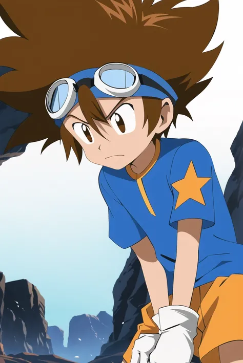 digimon, brown hair, solo, male focus, 1boy, goggles, brown eyes, gloves, goggles on head, star \(symbol\), frown, spiked hair, cave, ((masterpiece)) <lora:digimon_offset:1>