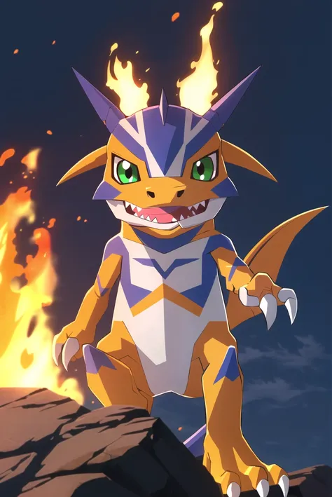 digimon, no humans, solo, green eyes, teeth, blurry, sharp teeth, outdoors, fire, digimon \(creature\), blurry background, fangs, sky, night, looking at viewer, ((masterpiece)) <lora:digimon_offset:1>