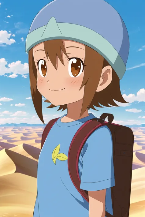digimon, 1girl, backpack, bag, solo, desert, brown hair, brown eyes, smile, sky, short hair, shirt, hat, day, outdoors, t-shirt, upper body, blue sky, cloud, ((masterpiece)) <lora:digimon_offset:1>