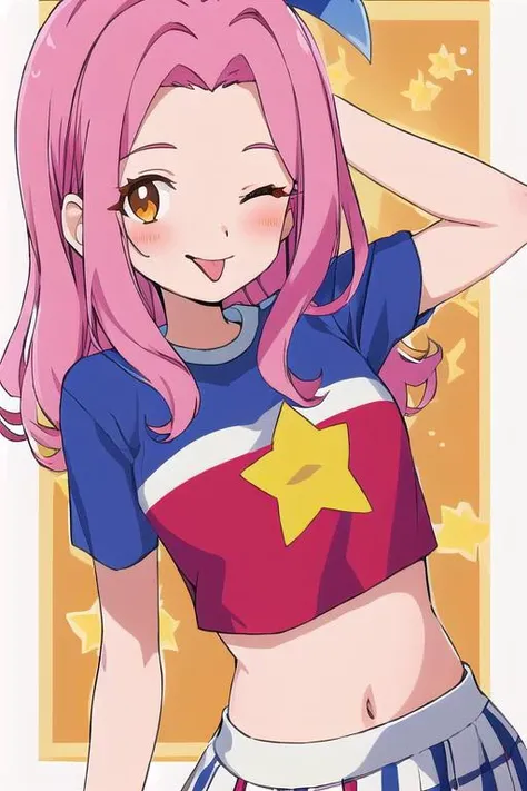 <lora:Mimi_tachikawa:0.8> <lora:digimon_offset:0.6>,(masterpiece_portrait:0.8),upper body, sky_blue,one_eye_closed, tongue, 1girl, (star_(symbol):1), tongue_out, pink_hair, navel, skirt, solo, midriff, crop_top, brown_eyes, shirt, white_skirt, looking_at_viewer, plaid, plaid_background, border, white_border, short_sleeves, smile, star_hair_ornament,(red and blue_shirt), medium_hair, blush, ;p, cropped_shirt, (star symbol shirt:1.2)