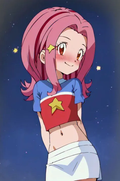 <lora:Mimi_tachikawa:0.6>,<lora:digimon_offset:1> (upper_body:1),(masterpiece_portrait:0.8), 1girl, (star_(symbol):1), pink_hair, navel, skirt, solo, midriff, crop_top, brown_eyes, shirt+tight_shirt, white_skirt+tight skirt, (looking_at_viewer+looking_front:1), short_sleeves, smile, star_hair_ornament,(red and blue_shirt:1), medium_hair, blush, ;p, (star symbol shirt:0.8),(Arms behind back:1),(00s-anime-aesthetic:1),closed_mouth,sky_background,digimon,night,cropped_shirt