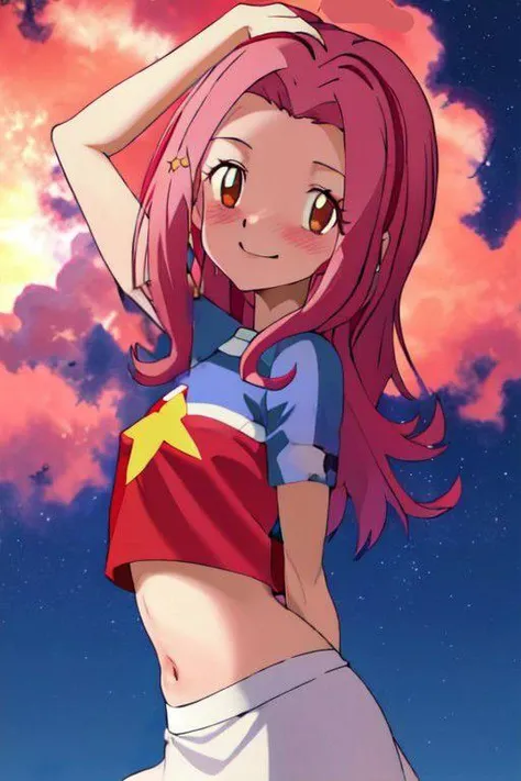 <lora:Mimi_tachikawa:0.8> <lora:digimon_offset:0.6>,masterpiece_portrait,upper body, sky_blue,one_eye_closed, tongue, 1girl, (star_(symbol):1), tongue_out, pink_hair, navel, skirt, solo, midriff, crop_top, brown_eyes, shirt, white_skirt, looking_at_viewer, plaid, plaid_background, border, white_border, short_sleeves, smile, star_hair_ornament,(red and blue_shirt), medium_hair, blush, ;p, cropped_shirt, (star symbol shirt:1.2)