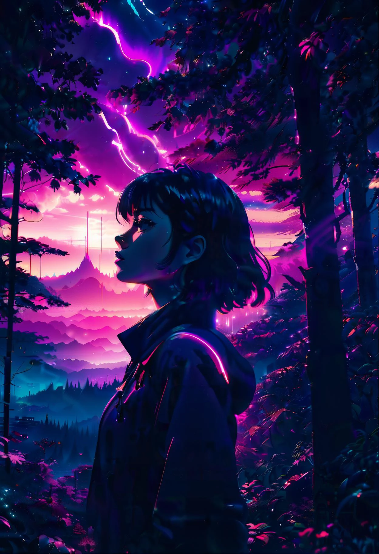 neonpunk style anime key visual, monotype, surreal, extreme wide shot of a masterpiece,1girl, Gaelic forest, at Dawn, tilt shift, Suffering, Bloom light, Instax, glimmering transformation, crisp lines . cyberpunk, vaporwave, neon, vibes, vibrant, stunningly beautiful, crisp, detailed, sleek, ultramodern, magenta highlights, dark purple shadows, high contrast, cinematic, ultra detailed, intricate, professional
