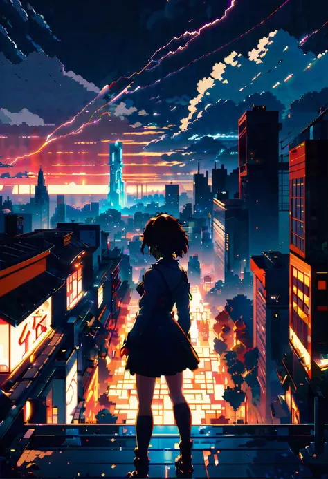 pixel-art anime key visual, city with Yew, American Expressionism, masterpiece,1girl, Thunderstorm, Angry, Beautifully Lit, two colors . low-res, blocky, pixel art style, 8-bit graphics