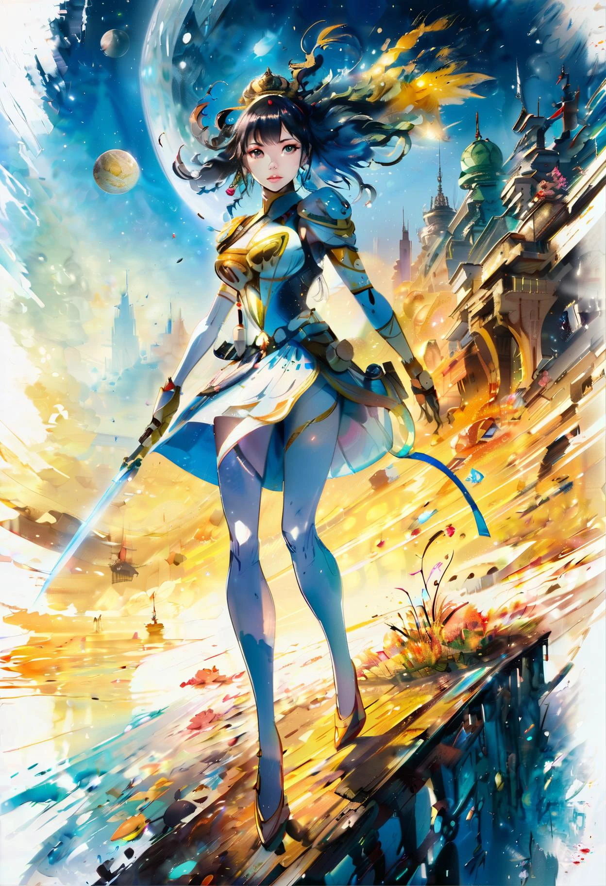 watercolor painting anime key visual, Neo-Primitivism, extreme wide shot of a masterpiece,1girl, Bounty hunter, wearing dress designed by Star Trek, Indian hairstyle, Clockwork Glowing Yellow Eyes, deep focus, short lighting, Fish-eye Lens, Lomography, MOBA style, Plain white background . vibrant, beautiful, painterly, detailed, textural, artistic
