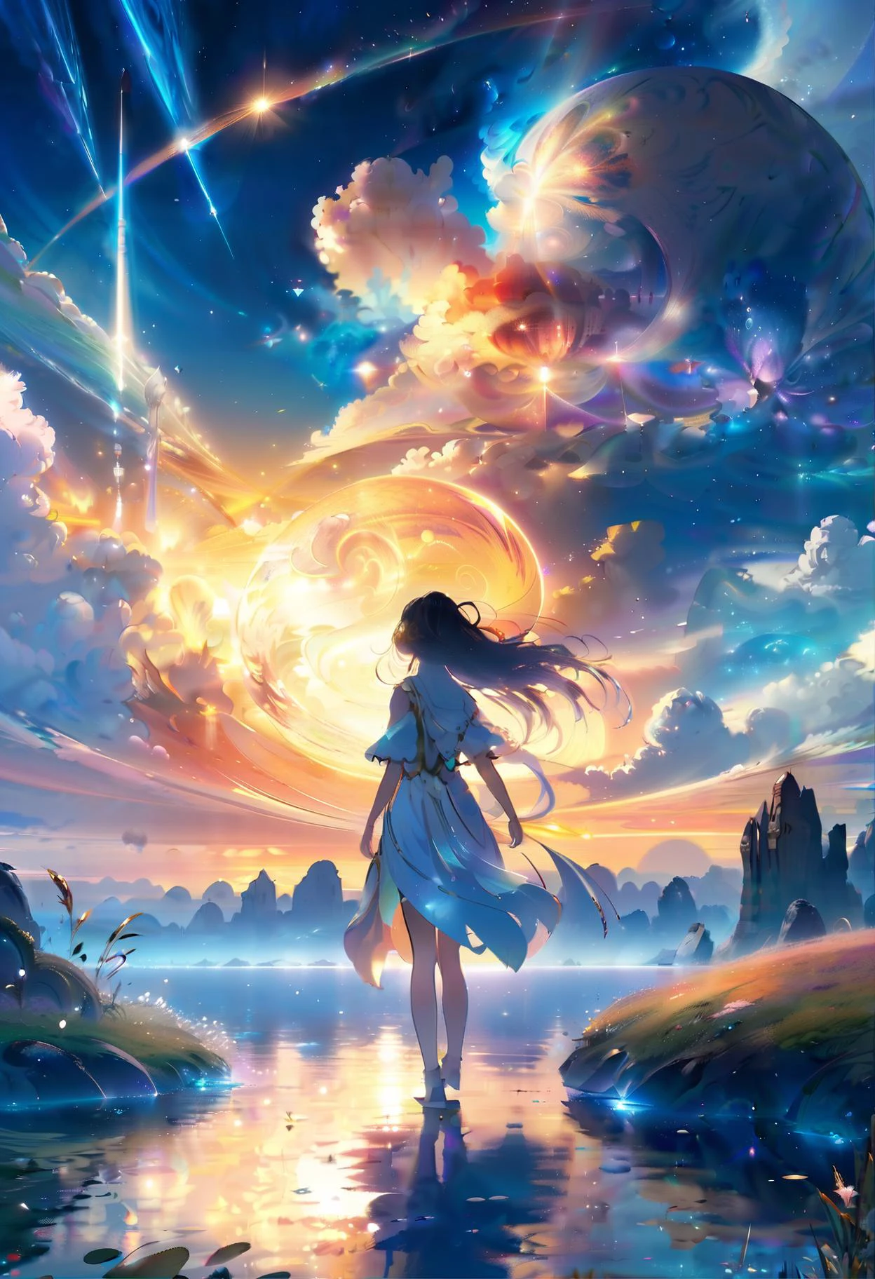 ethereal fantasy concept art of anime key visual, Interesting, landscape of a masterpiece,1girl, and Quasar, space and reeds, Hazy conditions, Joyful, in the style of The Scream . magnificent, celestial, ethereal, painterly, epic, majestic, magical, fantasy art, cover art, dreamy