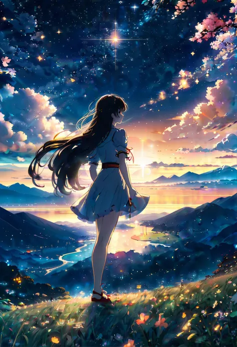 comic anime key visual, intricate background, masterpiece,1girl, Stars in the sky, soft focus, Peaceful, Pixiecore, back-light, sfumato . graphic illustration, comic art, graphic novel art, vibrant, highly detailed