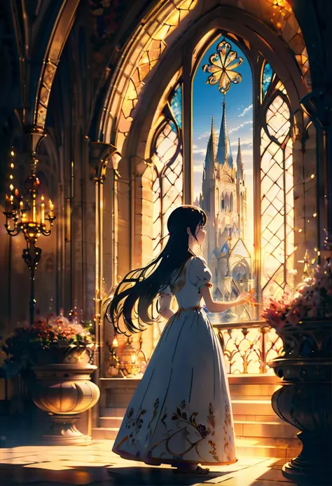 fairy tale anime key visual, New Wave Art, landscape of a masterpiece,1girl, from inside of a Notre-Dame Cathedral, warm dungeon, at Golden hour, Relaxed, natural lighting, Selective focus . magical, fantastical, enchanting, storybook style, highly detailed