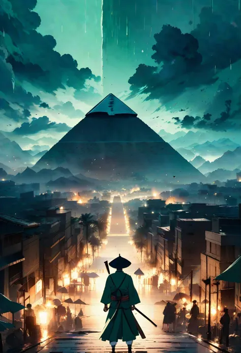 anime key visual, best quality, landscape of a masterpiece, from inside of a Great Pyramid of Giza, Samurai mountains, dense street, Raining, Crying, behance, Impasto, F/14, Amaro, Mint green explosions