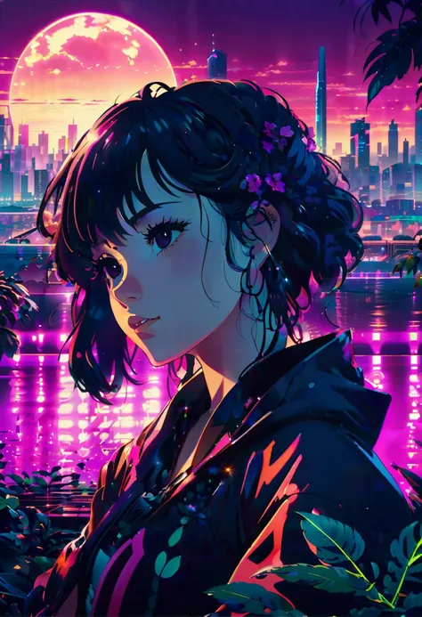 neonpunk style anime key visual, landscape of a masterpiece,1girl, and Mennonite Leaf, intricate background, at Dusk, Suffering, Goblincore, F/14 . cyberpunk, vaporwave, neon, vibes, vibrant, stunningly beautiful, crisp, detailed, sleek, ultramodern, magenta highlights, dark purple shadows, high contrast, cinematic, ultra detailed, intricate, professional