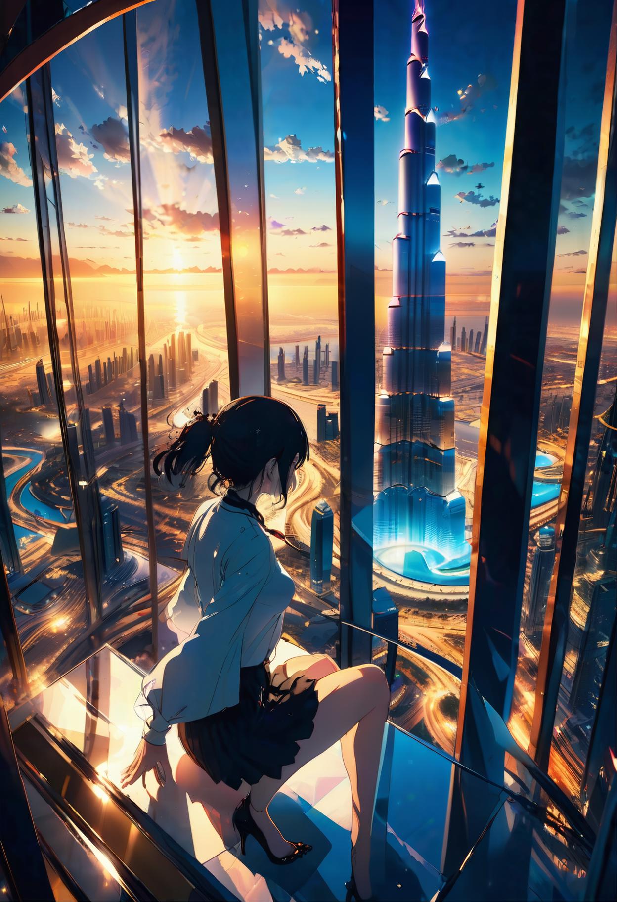 A woman sitting on a ledge looking out at the city - SeaArt AI