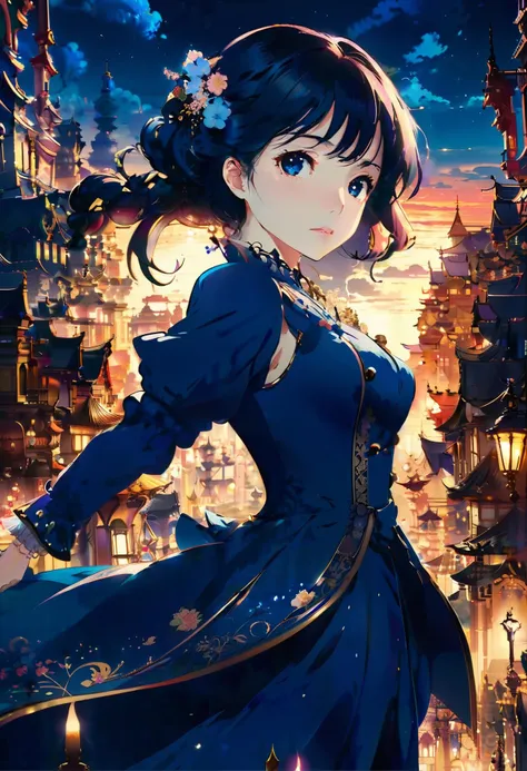 fairy tale anime key visual, close-up shot of a masterpiece,1girl, Bishop, wearing Funky Formal attire, Looking over the shoulder, Hazy conditions, deep focus, Smug, broad lighting, Electic Colors, dark indigo and Colorless splash, "Livin' la vida loca, she's into superstitions." . magical, fantastical, enchanting, storybook style, highly detailed