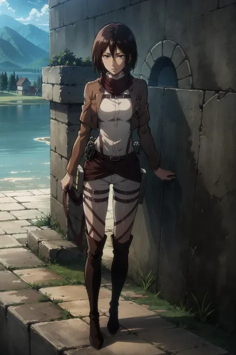 solo, full body, masterpiece, absurdres, high detail, realistic, high quality, a beautiful 1girl, uniform, shingeki no kyojin, epic, standing on a wall, scenery, mikasa ackerman, scarf, <lora:AoTStyle:0.65>