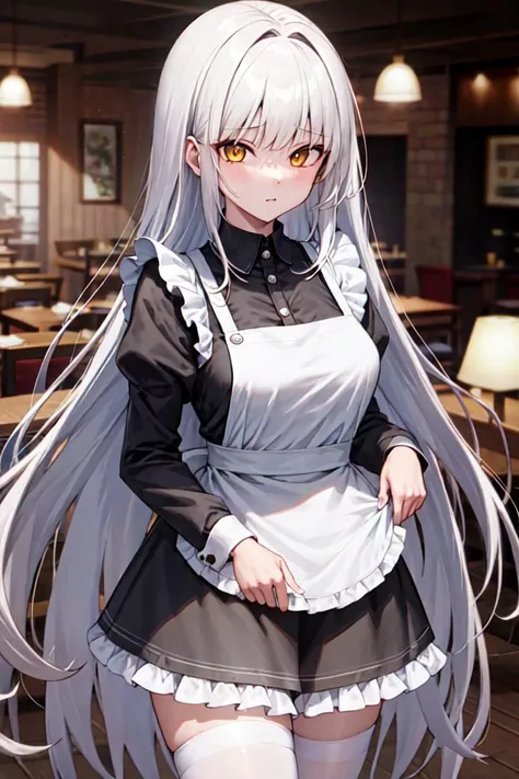 1girl, solo, cowboy shot,
<lora:blanc-v2.5-naivae-final:0.8>, blanc \(nikke\), white hair, yellow eyes, long hair,
waitress, apron, long sleeves, frills, black skirt,
pantyhose,
staff_trays, shy,
indoors, restaurant,, weird atmosphere, (best quality:1.1), (masterpiece:1.2), high quality shadow, beautiful detailed, (high detailed skin, skin details), (wide_landscape, 8k), beautiful face, detailed eyes, depth of field, dramatic light, best quality, highres, best shadow, best illumination,, depth_of_field, blurry, blurry_background, blurry_foreground, motion_blur,