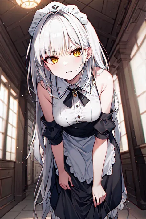 1girl, solo, cowboy shot,  bent over, leaning forward, 
<lora:blanc-v2.5-naivae-final:0.8>, blanc \(nikke\), white hair, yellow eyes, long hair,
maid, maid headdress, maid apron, detached sleeves,  frills, 
looking at viewer,
head tilt, 
indoors, hallway, 
<lyco:glaringV_Conv2D:1.0>, glaring, angry,, weird atmosphere, (best quality:1.1), (masterpiece:1.2), high quality shadow, beautiful detailed, (high detailed skin, skin details), (wide_landscape, 8k), beautiful face, detailed eyes, depth of field, dramatic light, best quality, highres, best shadow, best illumination,, depth_of_field, blurry, blurry_background, blurry_foreground, motion_blur,