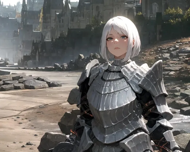 woman, knight, sitting,detailed face, white hair, short hair, detailed,Havel_the_Rock,  <lora:Havel_the_Rock:0.8>, nature