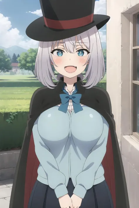 sempai, 1girl, solo, hat, fang, , blush, looking_at_viewer, open_mouth, smile, breasts, black_headwear, skin_fang, long_sleeves, , window, shirt, indoors, cape, :d, blue_shirt, upper_body, black_cape, day, skirt, sky, bright_pupils, top_hat, letterboxed, curtains, tree, cowboy_hat, blue_sky, outdoors